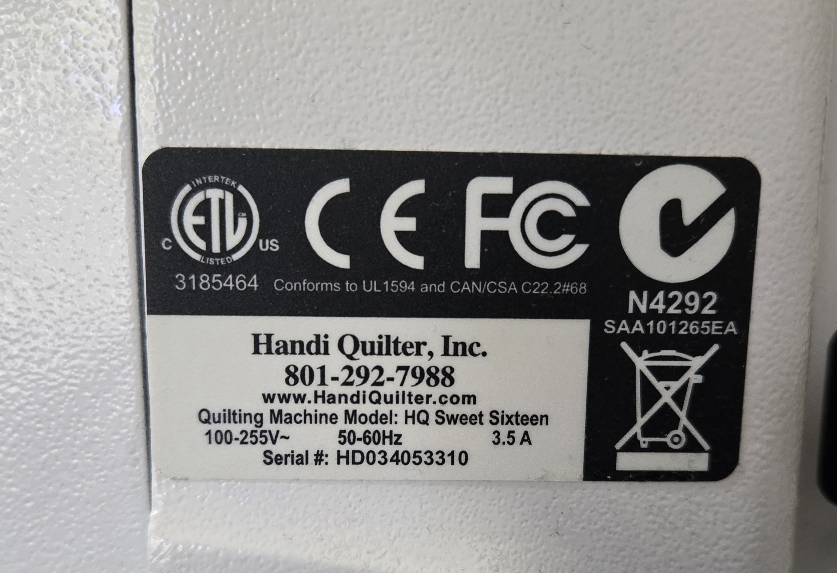 Manufacturer Label and Serial Number